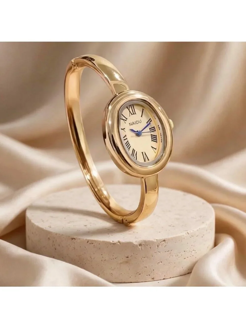 Women's Gold Bangle Bracelet Oval Dial Roman Numeral Elegant Style Wrist Watch
